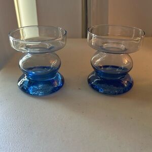 Blue clear two tone shapely glass candlesticks